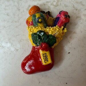 Vintage 1992 Ceramic Christmas Stocking Ornament With Toys